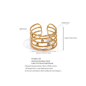 Gold-plated open ring with cubic zirconia, hammered texture, stainless steel, size details shown.