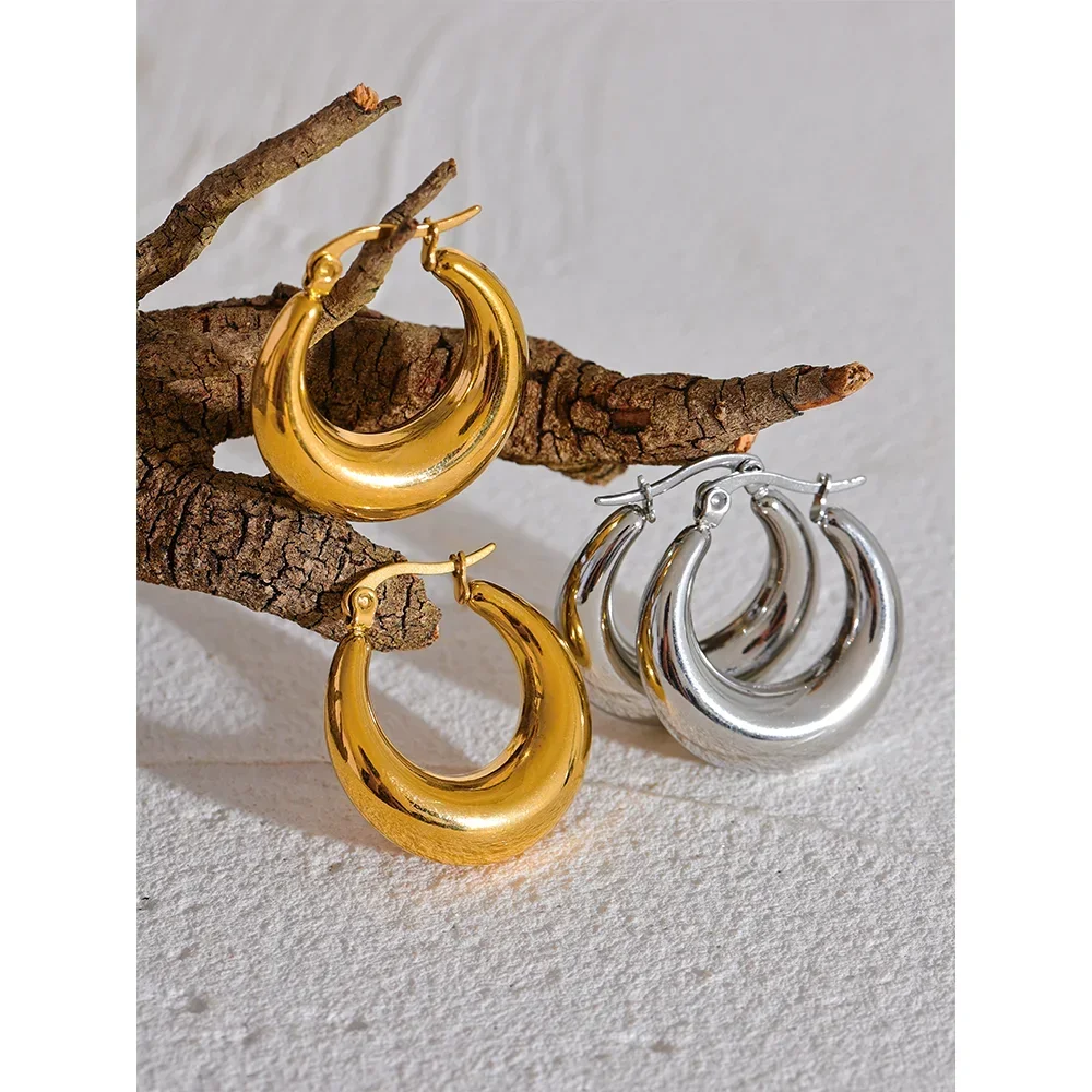 Gold and silver chunky hoop earrings displayed on a textured branch