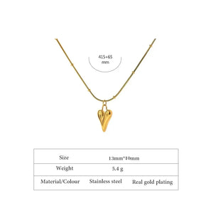 Gold-plated stainless steel heart pendant necklace with adjustable chain, 13x10mm size.