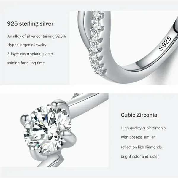 Close-up of a 925 sterling silver ring with cubic zirconia stones, showing detailed design and high luster.