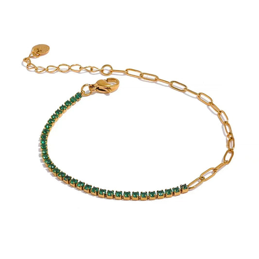18K gold-plated bracelet with green gemstone tennis row and paperclip chain on white background