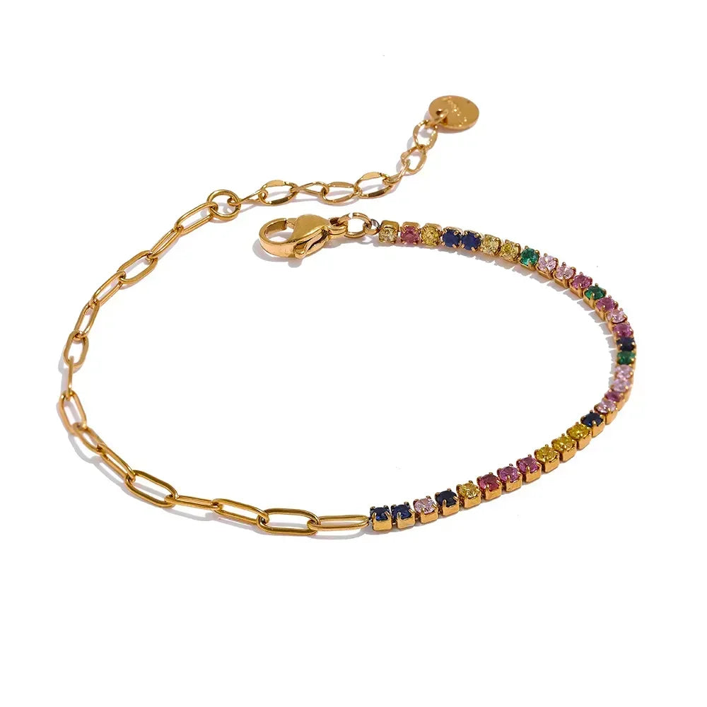18K gold-plated bracelet with multicolor gemstones and adjustable chain on white background