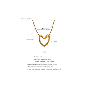 Gold-plated stainless steel heart pendant necklace with chain measurement details on white background