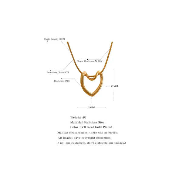 Gold-plated stainless steel heart pendant necklace with chain measurement details on white background