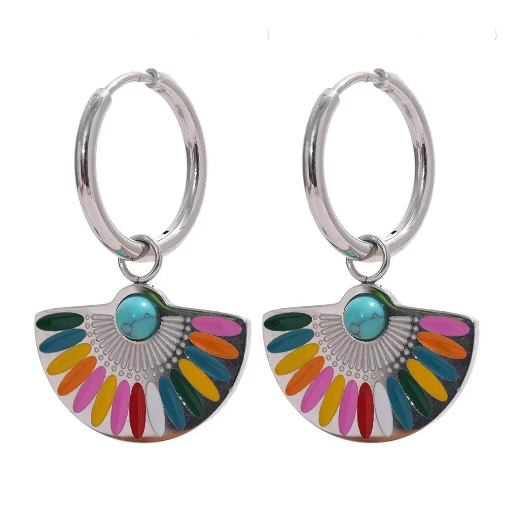 925 silver hoop earrings with colorful enamel fan-shaped pendants and turquoise center