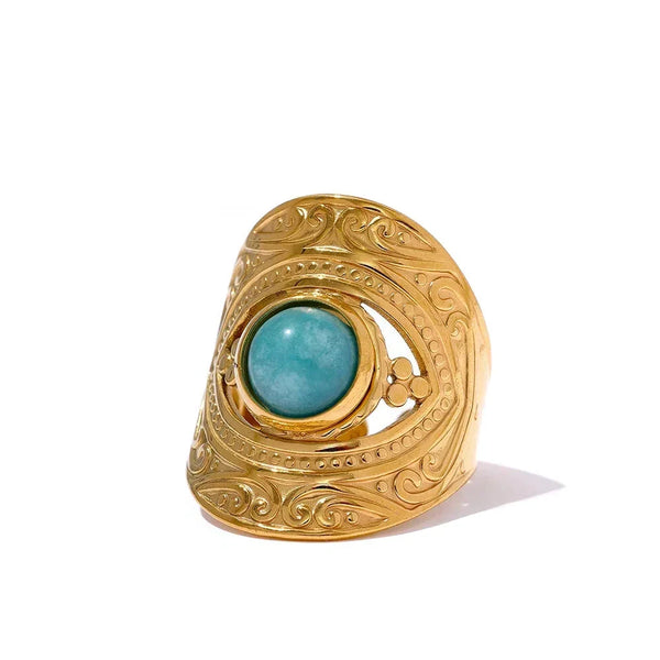 Gold ring with turquoise stone on a white background