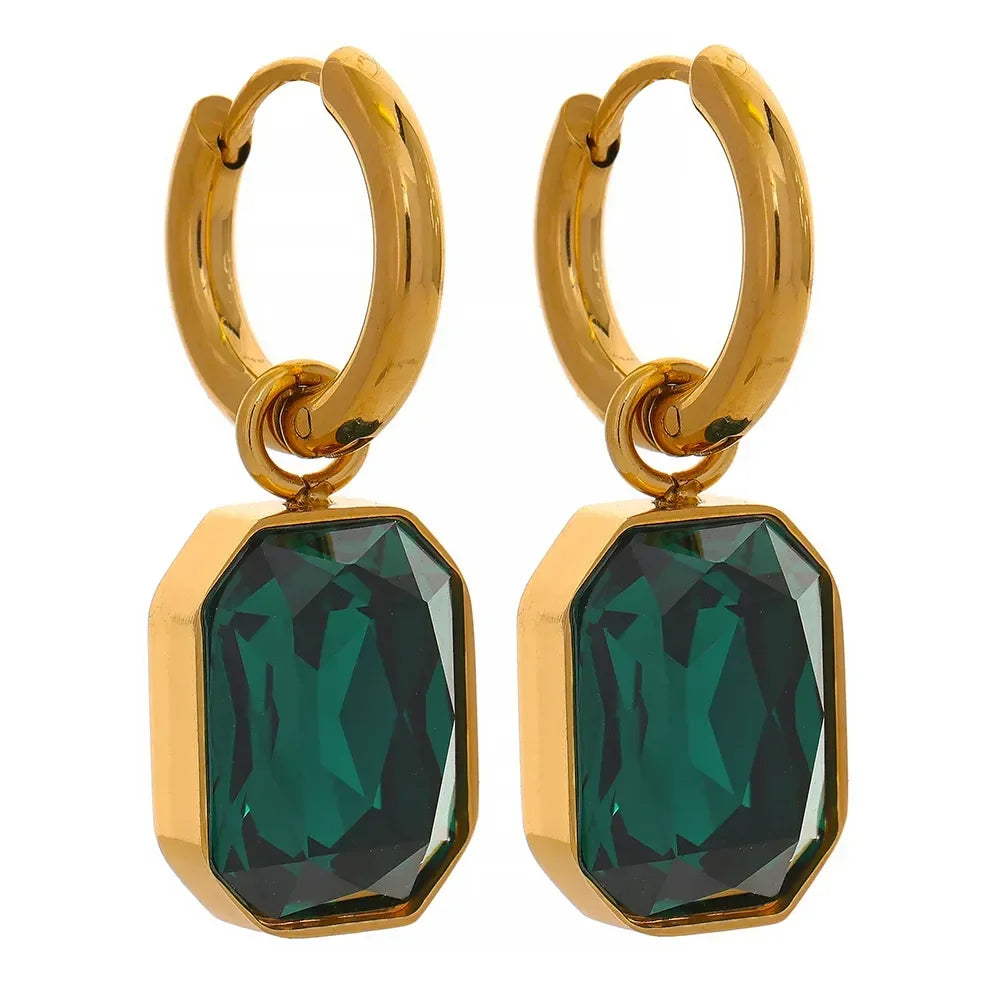 Gold-plated hoop earrings with emerald green rectangular crystal drops