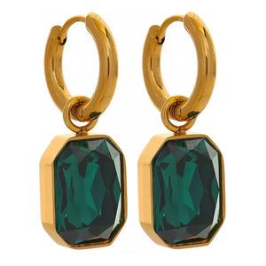 Gold-plated hoop earrings with emerald green rectangular crystal drops