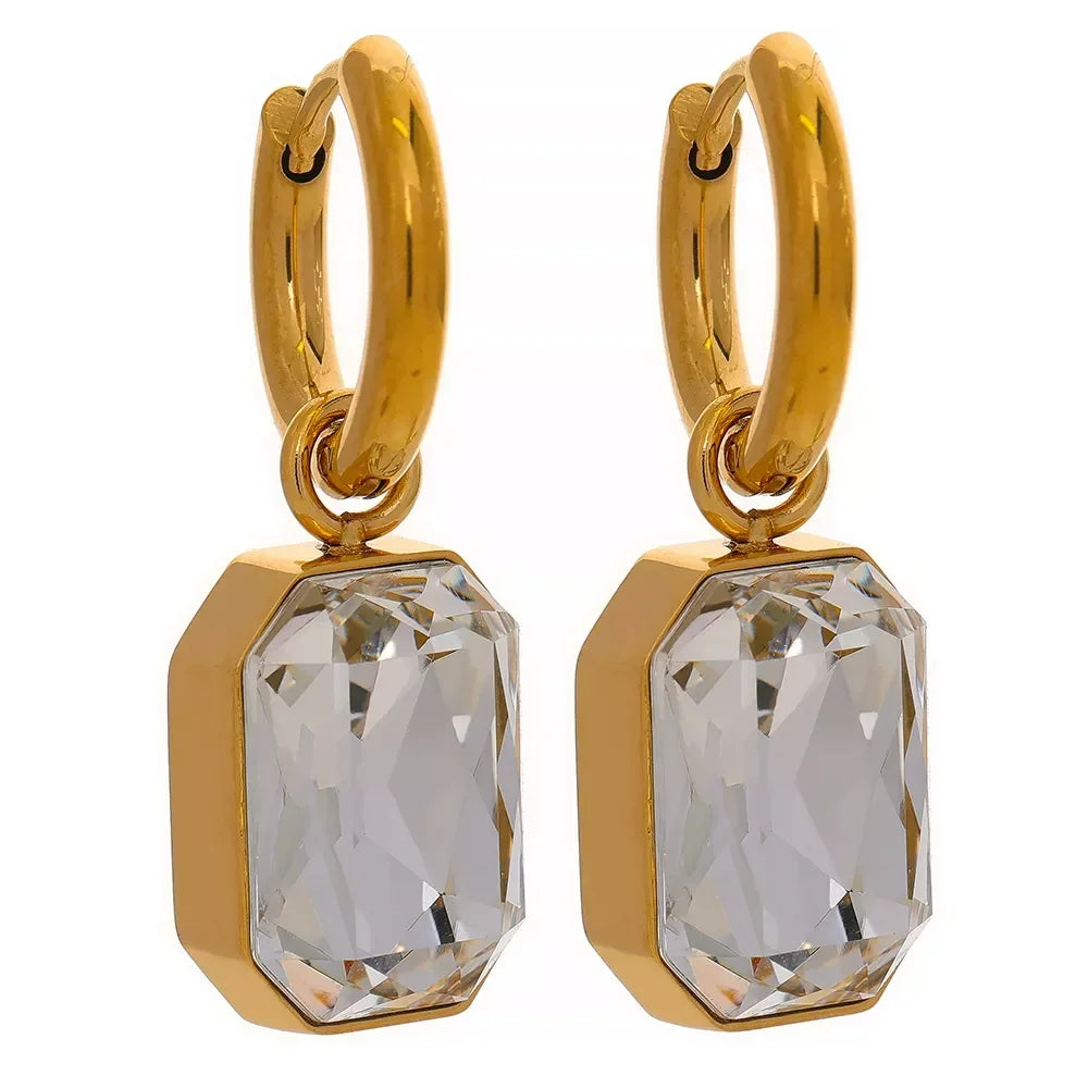 Gold-plated hoop earrings with large rectangular clear crystal pendants