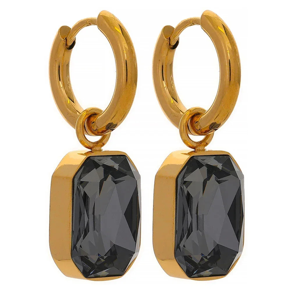 Gold-plated hoop earrings with rectangular black gemstone drops, elegant women's jewelry