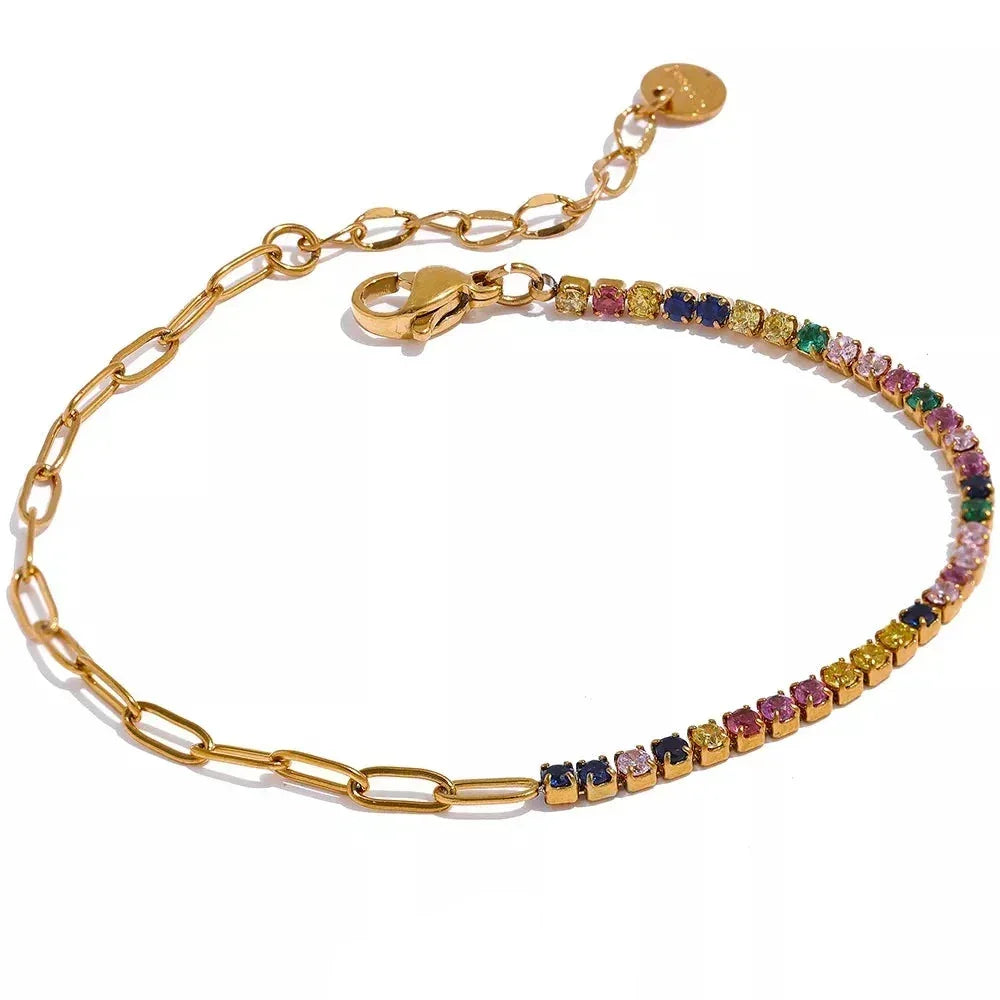 Gold-plated chain bracelet with colorful cubic zirconia stones and adjustable clasp