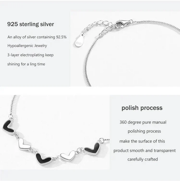 Silver bracelet with heart-shaped charms on a white background, featuring text about 925 sterling silver and polishing process.