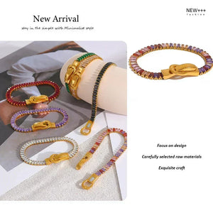 Colorful bracelets with gold clasps on a white surface, with text about new arrival and brand.