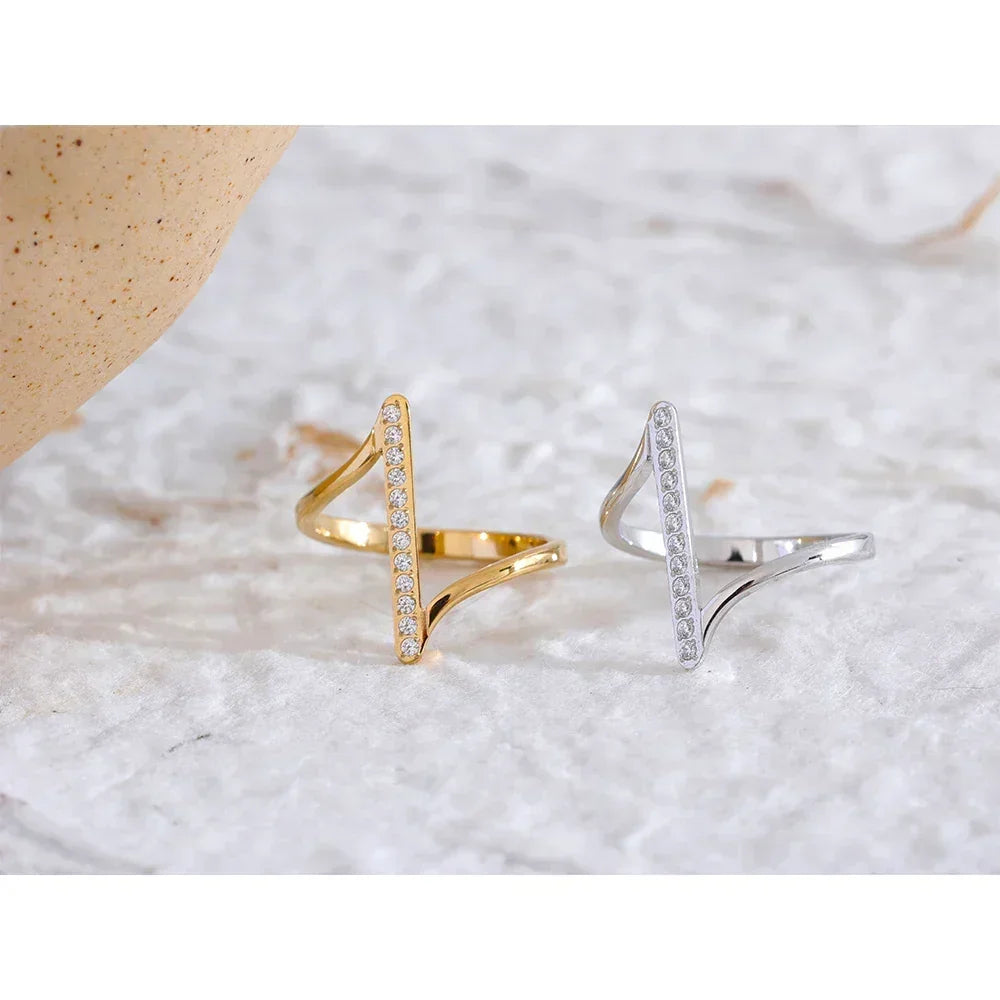 Gold and silver adjustable rings with vertical cubic zirconia, modern minimalist jewelry