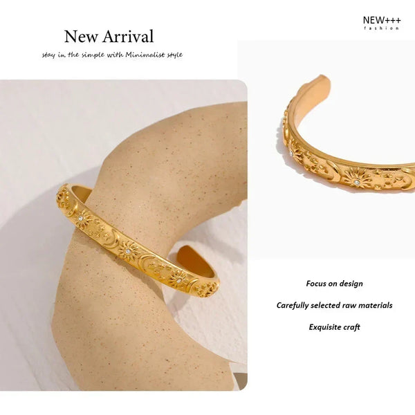 Gold bracelet on a mannequin arm with 'New Arrival' text and brand name.