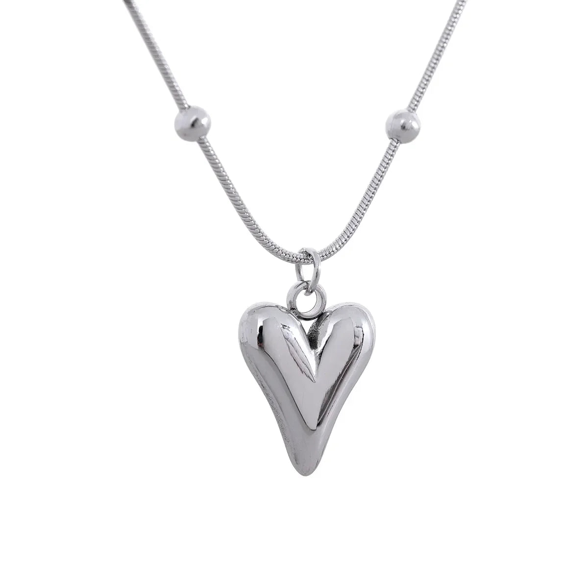 925 silver heart pendant necklace with beaded accents on a snake chain, minimalist style