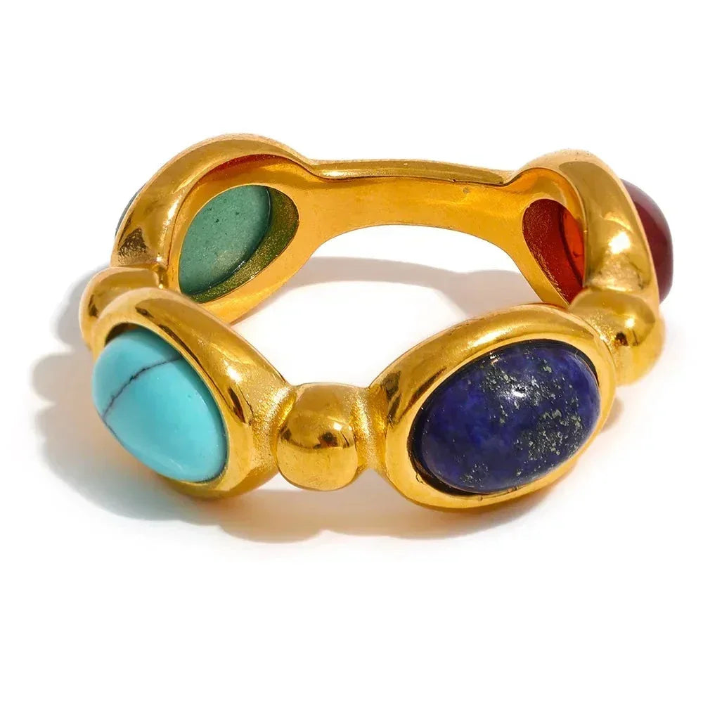 18K gold-plated ring with multicolored oval gemstones on a white background