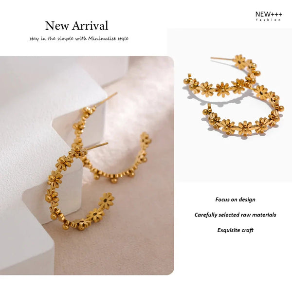 Gold hoop earrings with floral designs on a white background, labeled 'New Arrival' and 'NEW++ Fashion'.