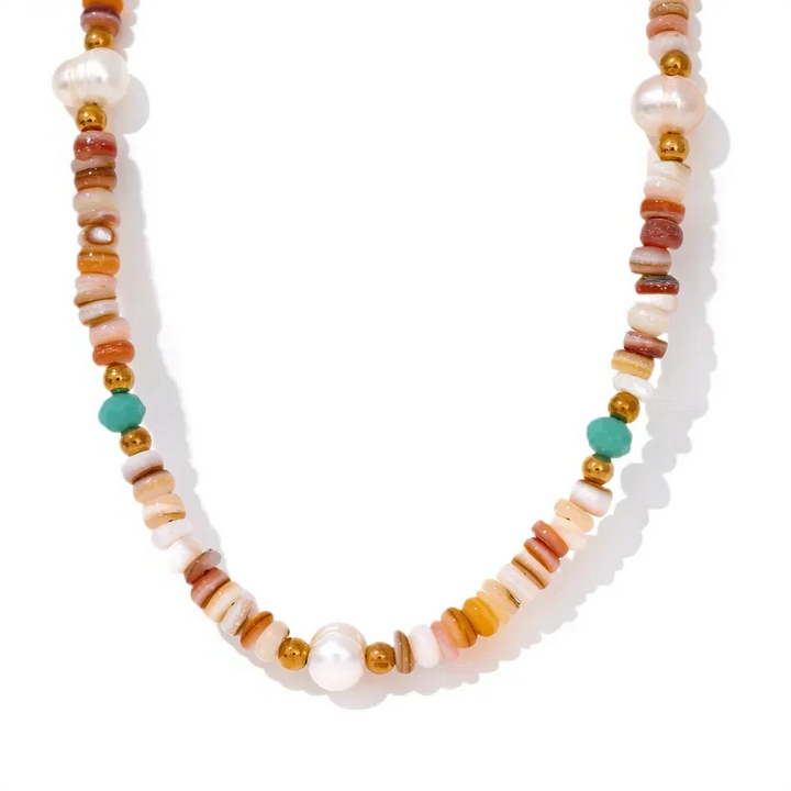 Elegant beaded necklace with pearls, gold beads, and colorful gemstones for everyday style