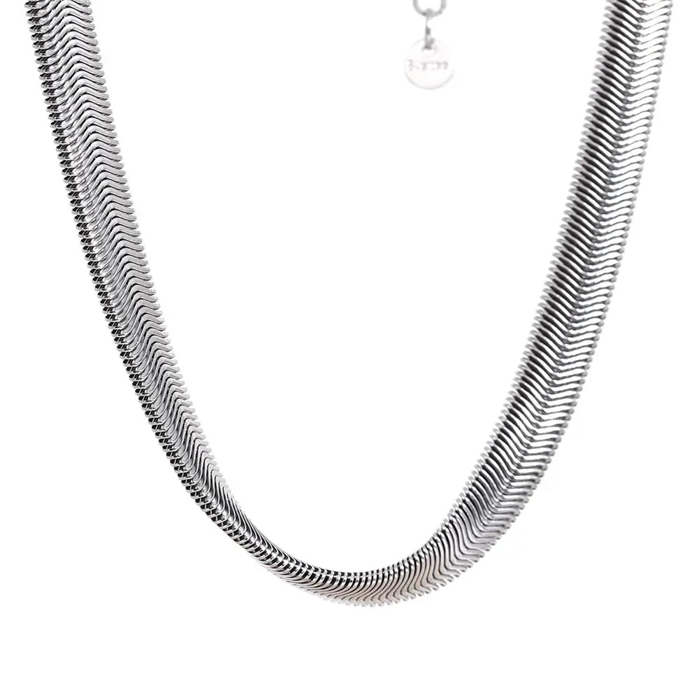 Sterling silver herringbone chain necklace with a sleek, polished finish on white background
