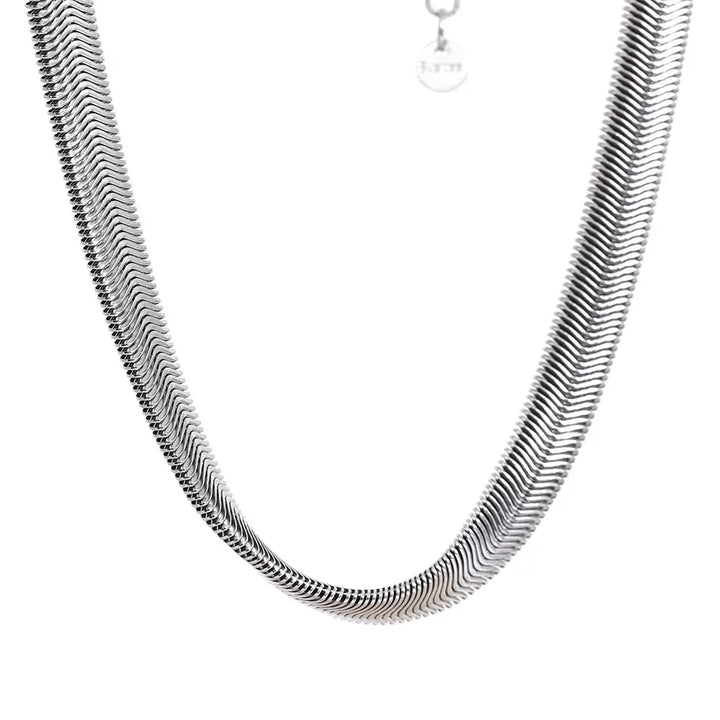 Sterling silver herringbone chain necklace with a sleek, polished finish on white background