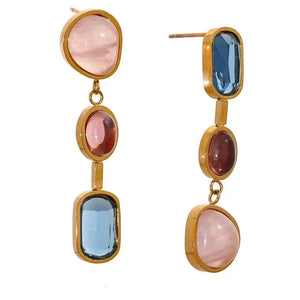 Gold-plated drop earrings with pink and blue gemstones, elegant everyday jewelry
