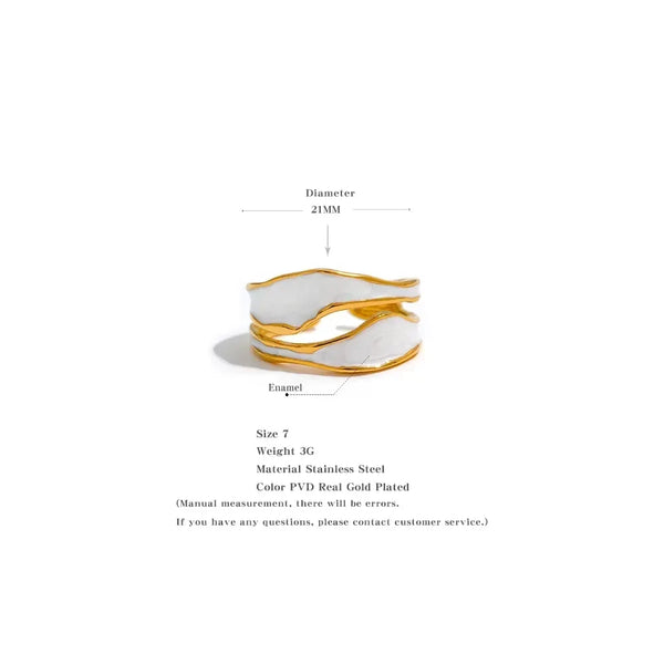 White and gold-plated enamel ring, stainless steel, size 7, 21mm diameter, elegant jewelry