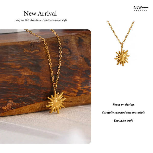 Gold sun-shaped necklace on a wooden surface with promotional text.