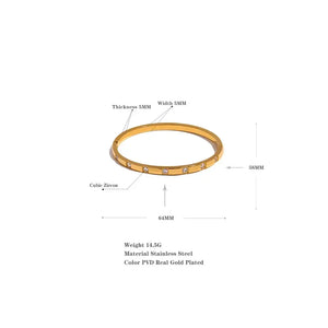 Gold-plated stainless steel bangle with cubic zirconia stones, size and specs labeled