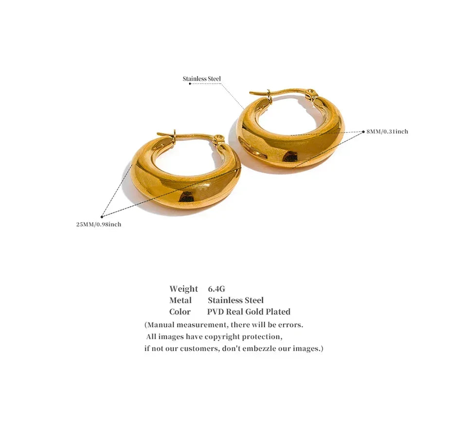 Pair of gold-plated stainless steel hoop earrings, 25mm diameter, 8mm thick, on white background