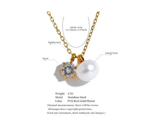 Gold-plated necklace with zircon & natural pearl pendant, stainless steel chain, 40cm + 5cm extender