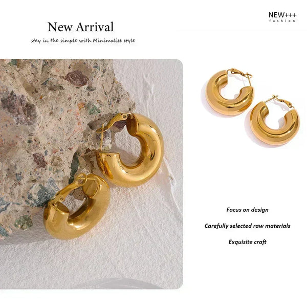 Gold hoop earrings on a textured surface with 'NEW++' branding.