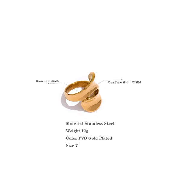 Gold-plated stainless steel statement ring, size 7, with abstract design and measurement details.