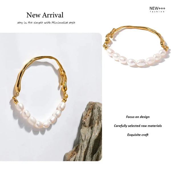 Gold and pearl earrings on a white background with 'NEW++' branding.