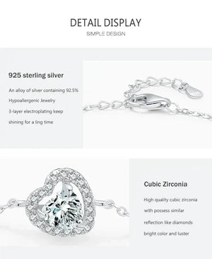 925 sterling silver bracelet with heart-shaped cubic zirconia centerpiece and adjustable chain