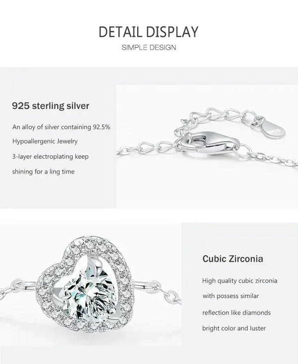 925 sterling silver bracelet with heart-shaped cubic zirconia centerpiece and adjustable chain