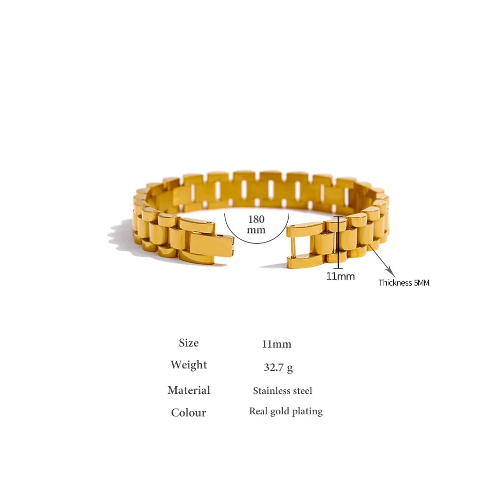 Gold-plated stainless steel bracelet, 11mm wide, 180mm length, 5mm thick, on white background