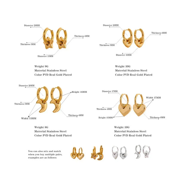 Close-up of a woman Astral Affection Hoops - TM & CO. JEWELS - a gold earring with detailed specifications on a white background.