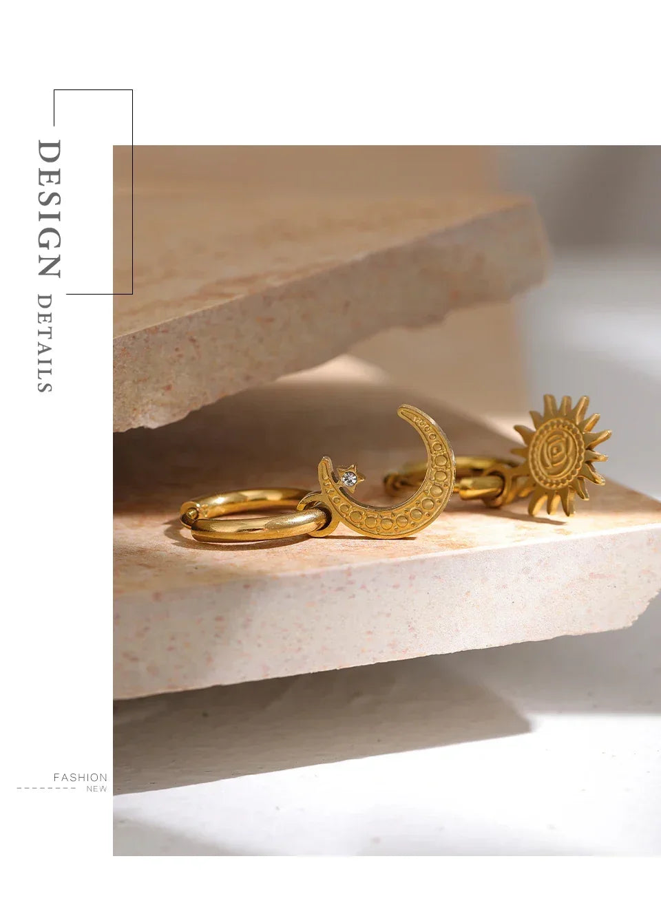 Gold-plated moon and sun hoop earrings on stone surface, celestial jewelry design.