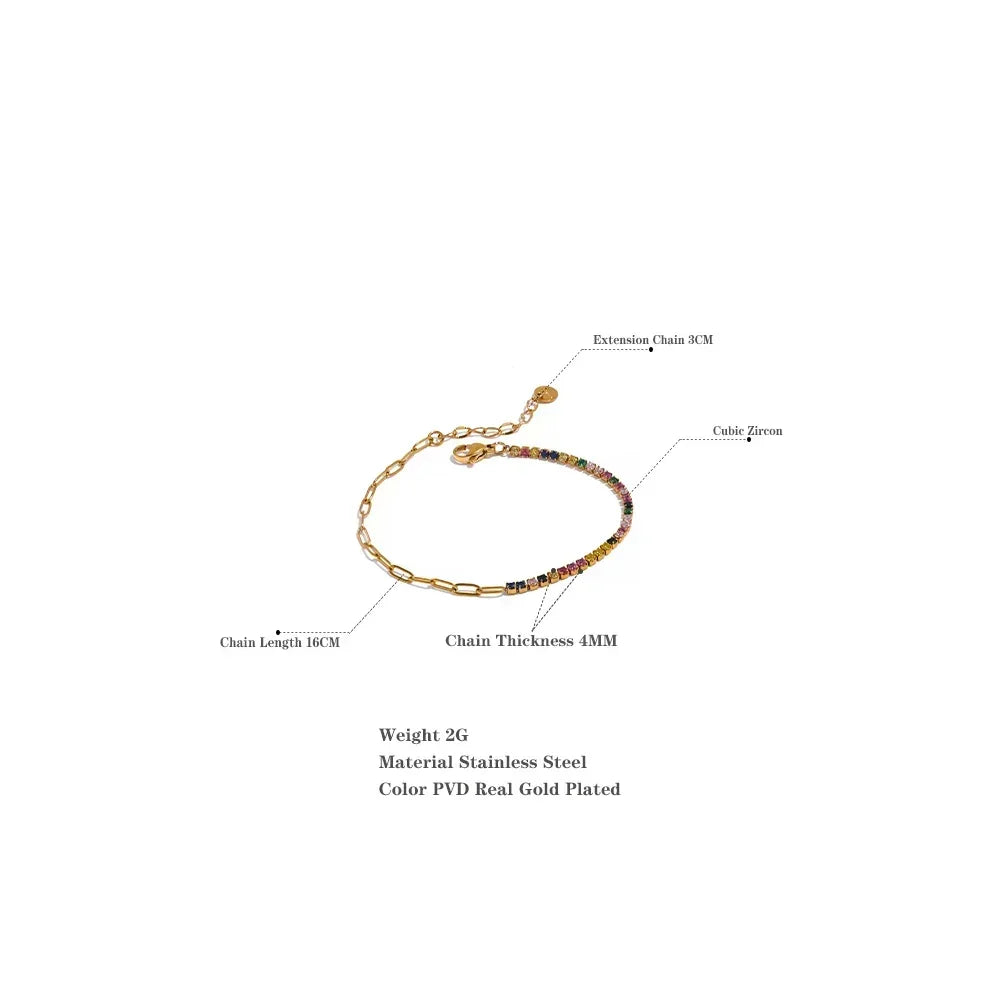 Gold plated bracelet with colorful cubic zirconia, chain length 16cm, stainless steel