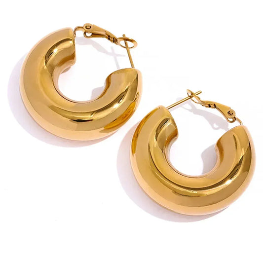 Pair of chunky 18K gold-plated hoop earrings with latch back closures on white background