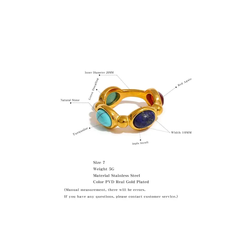 Gold-plated stainless steel ring with turquoise, lapis lazuli, red agate, and green aventurine stones