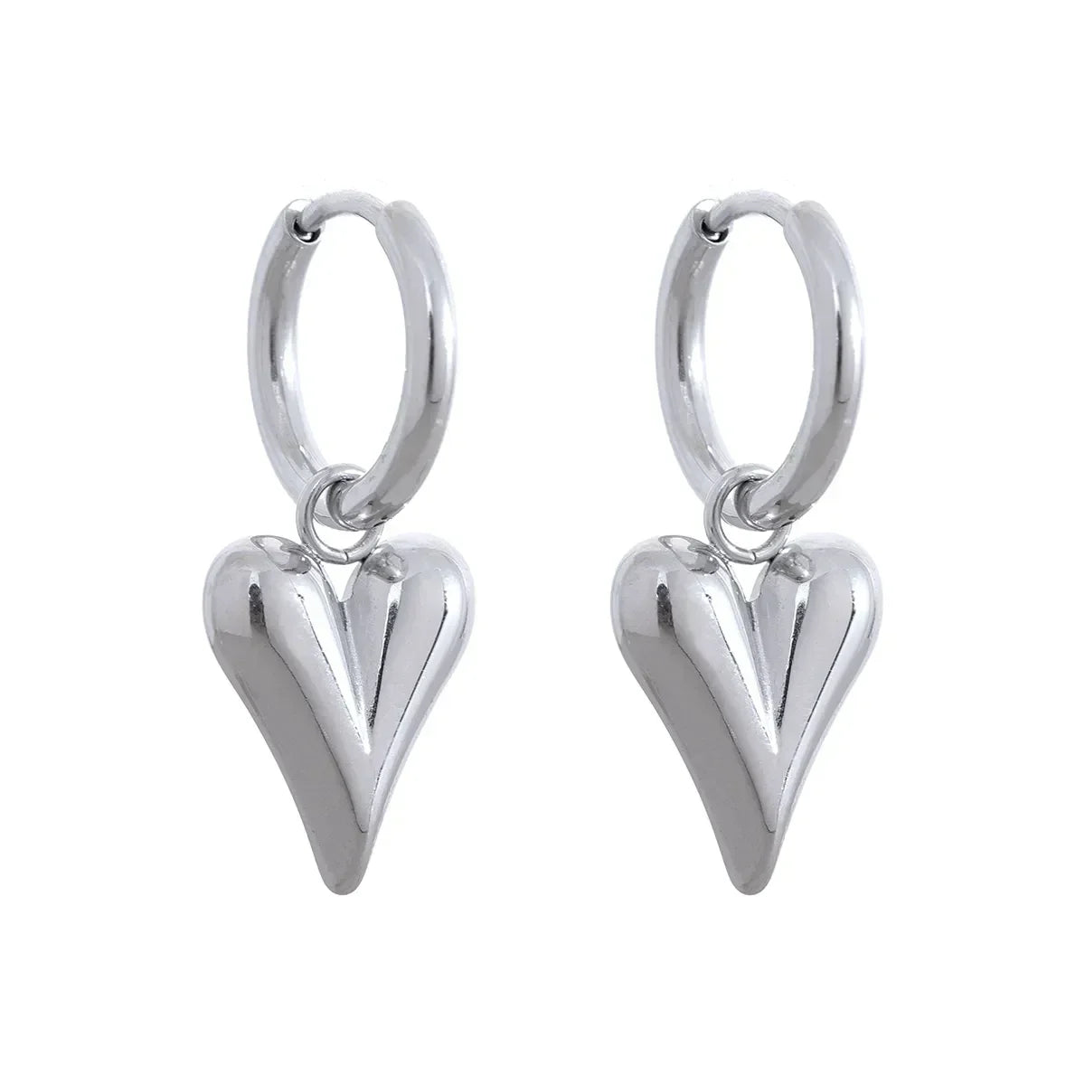 Pair of silver heart-shaped hoop earrings on white background