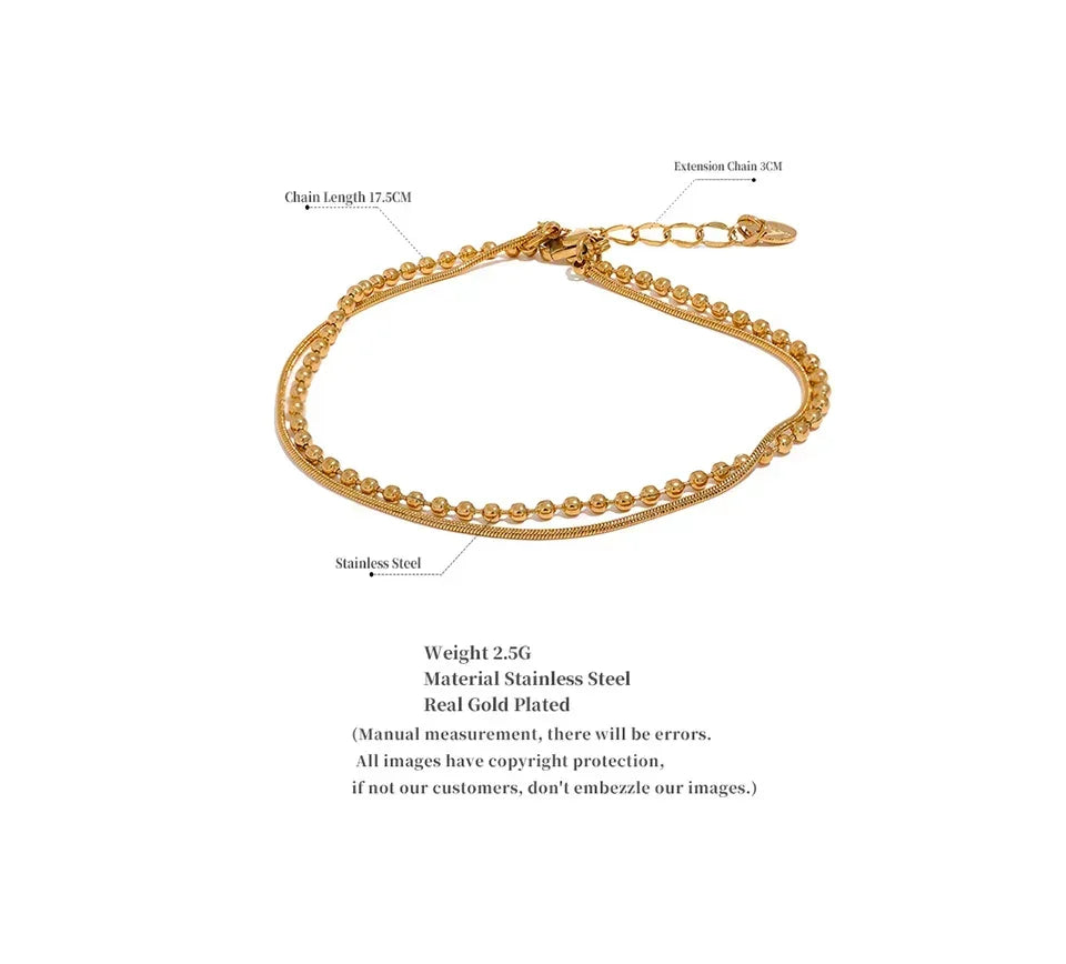 18K gold-plated stainless steel double chain anklet with beaded detail, adjustable length