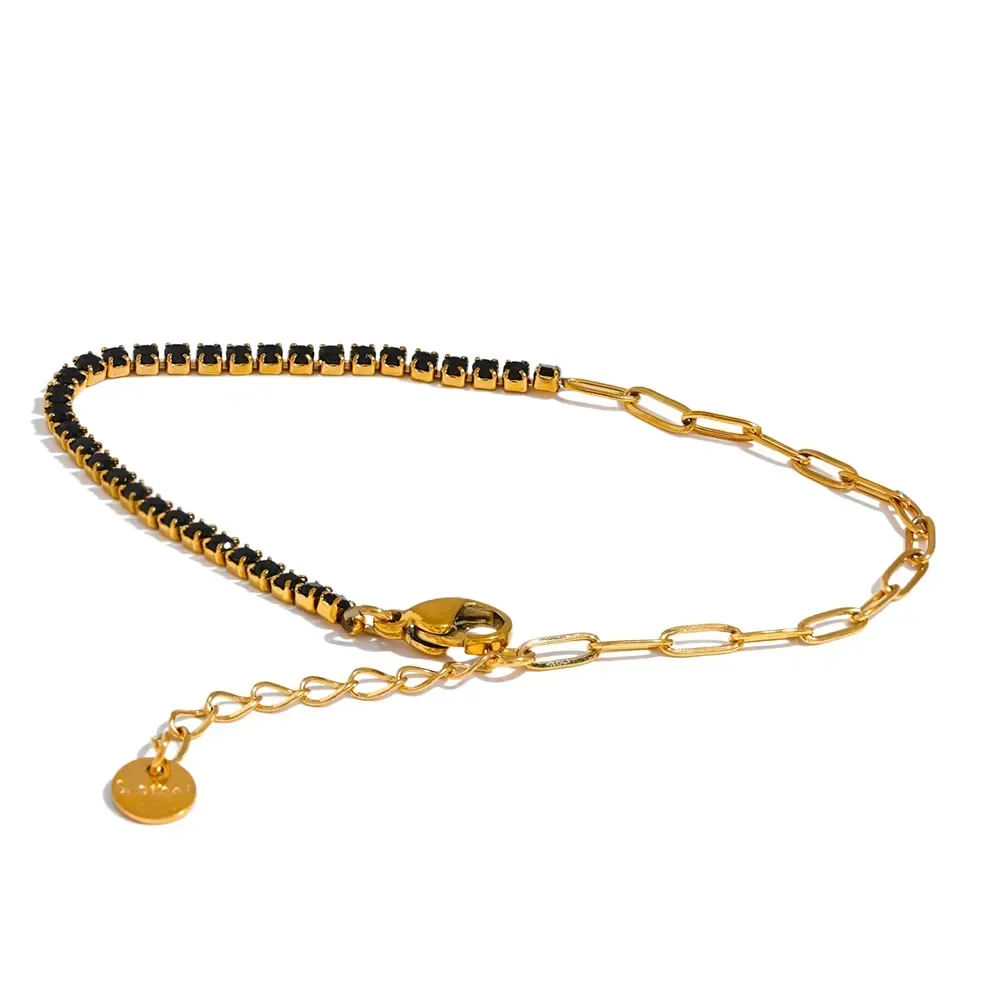 18K gold-plated chain bracelet with black stones and adjustable link closure