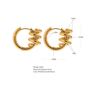Pair of gold-plated stainless steel hoop earrings with spiral design, detailed measurements shown