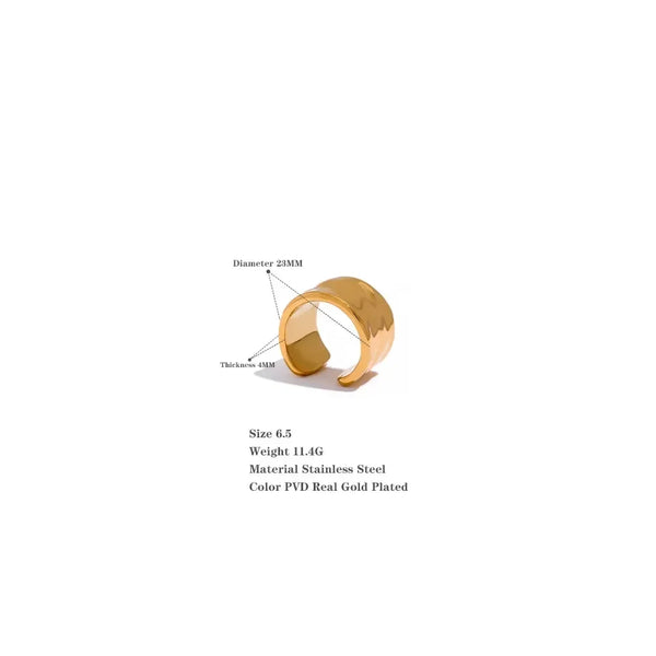 Wide gold-plated stainless steel open ring, 23mm diameter, 4mm thickness, size 6.5