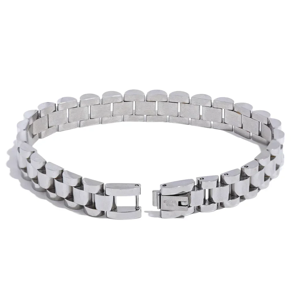 Polished silver-tone link bracelet with a secure clasp on a white background