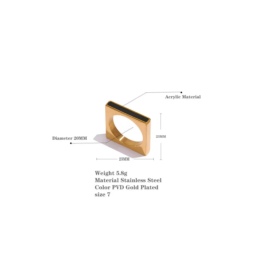 Gold-plated square stainless steel ring with black acrylic top, size 7, 20mm diameter.