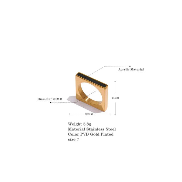 18K gold-plated square ring with black enamel detail on textured surface